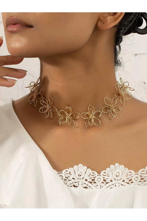3D Flower Decor Choker Statement Necklace Modern Necklace-Default