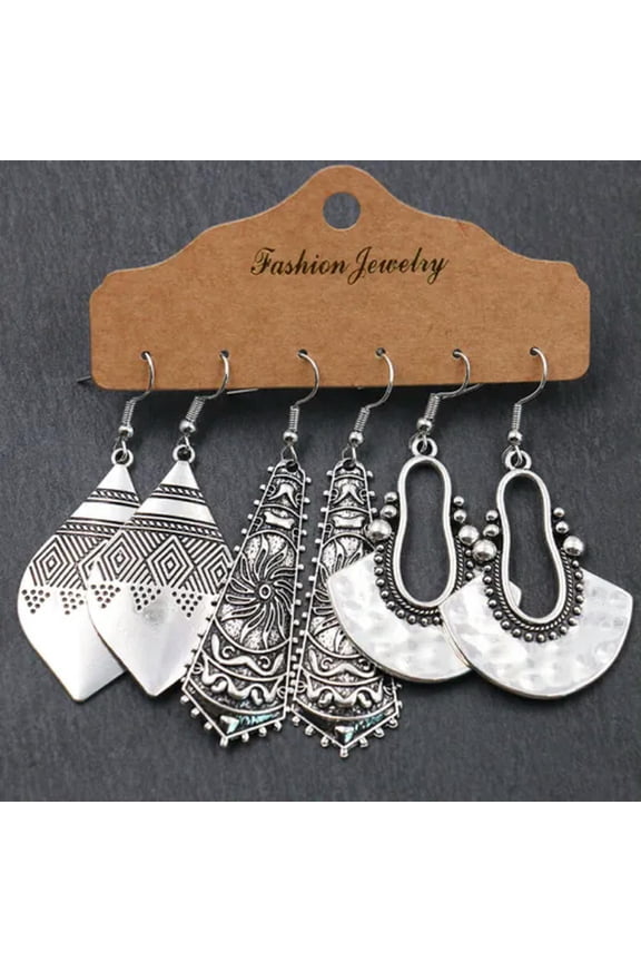 3Pairs/Set Fringed Tassel Earrings Vintage Women Ethnic Boho Drop Shape Antique-Hqef-1625