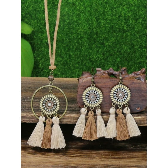 EOEMY 3Pcs Bohemian & Vintage Style Brown Palette Jewelry Set With Fringe & Flower-Default