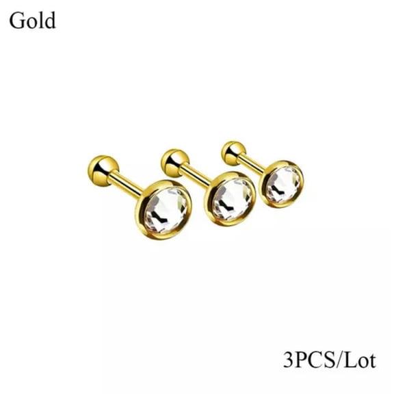 EOEMY 3Pcs Crystal Cartilage Barbell Earrings Women Ear Stud Body Piercing Jewelry Hot-Gold