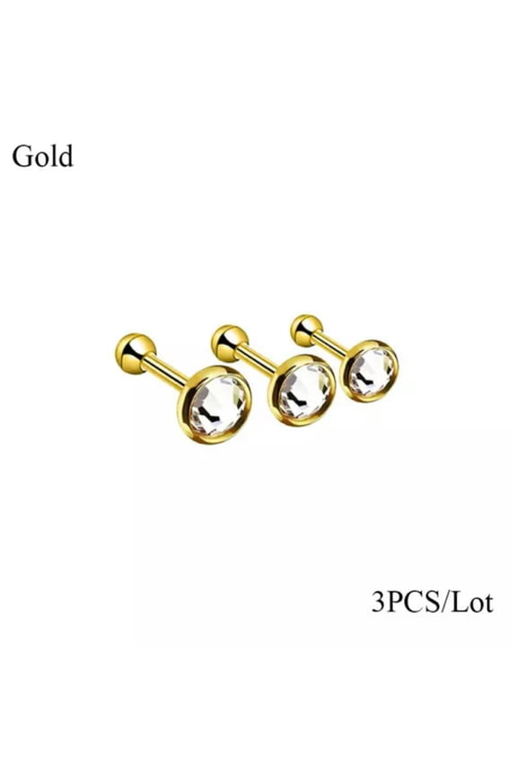 3Pcs Crystal Cartilage Barbell Earrings Women Ear Stud Body Piercing Jewelry Hot-Gold