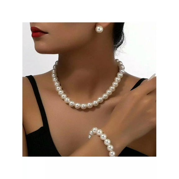 EOEMY 3Pcs Imitation Faux Pearl Earrings, Bracelet, Necklace Set For Women, Vintage-Default