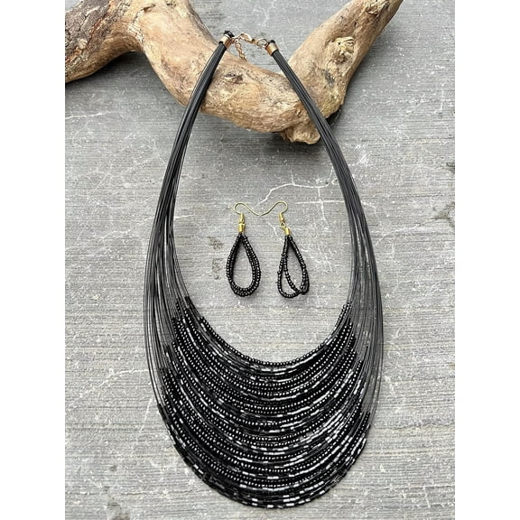 EOEMY 3Pcs/Set Bohemian Black Fish Wire Multi-Layered Beaded Necklace And Earrings-Default