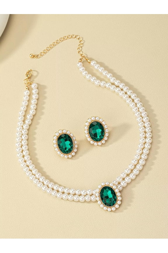 3Pcs/Set Glamorous Rhinestone Faux Pearl Decor Jewelry Set For Women For-Default