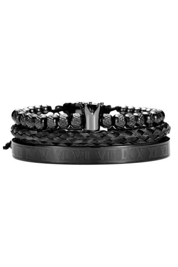 Luxury Men Bracelet King Crown Roman Numberal Bangle & Bracelet Jewelry Set-3 Pcs Set - Black