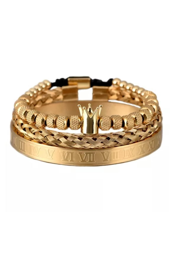 3Pcs/Set Luxury Men'S Bracelet King Crown Roman Numberal Bangle Bracelet Jewelry-3Pcs Set - Gold