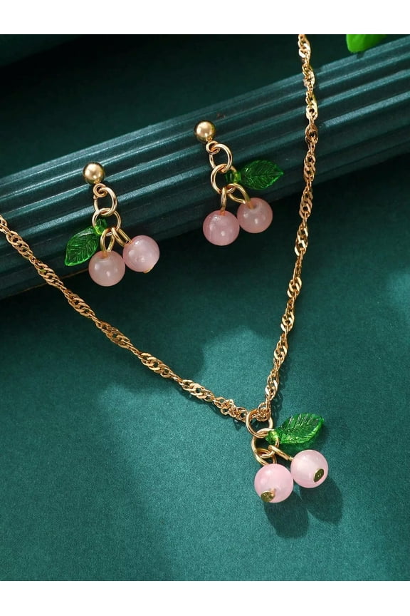 3Pcs/Set Pink Cherry Necklace With Earrings Jewelry Set Jewelry Gift For Women-Default