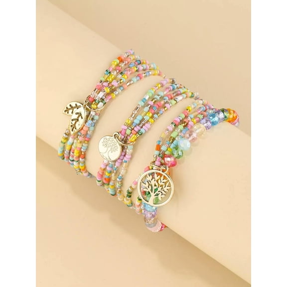 EOEMY 3Pcs Tree Decor Layered Candy Color Beaded Bracelet For Women Crafted Jewelry-Default