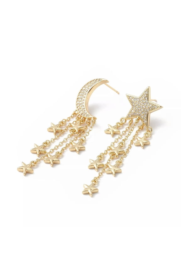 3Sets Brass Tassel Dangle Clear Cubic Zirconia Moon Star Asymmetrical Earrings