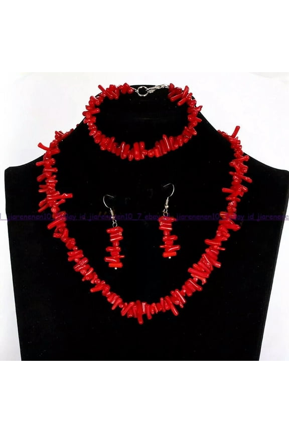 3X10mm Natural Red Coral Chip Gems Beads Necklace Bracelet Earrings Jewelry Set