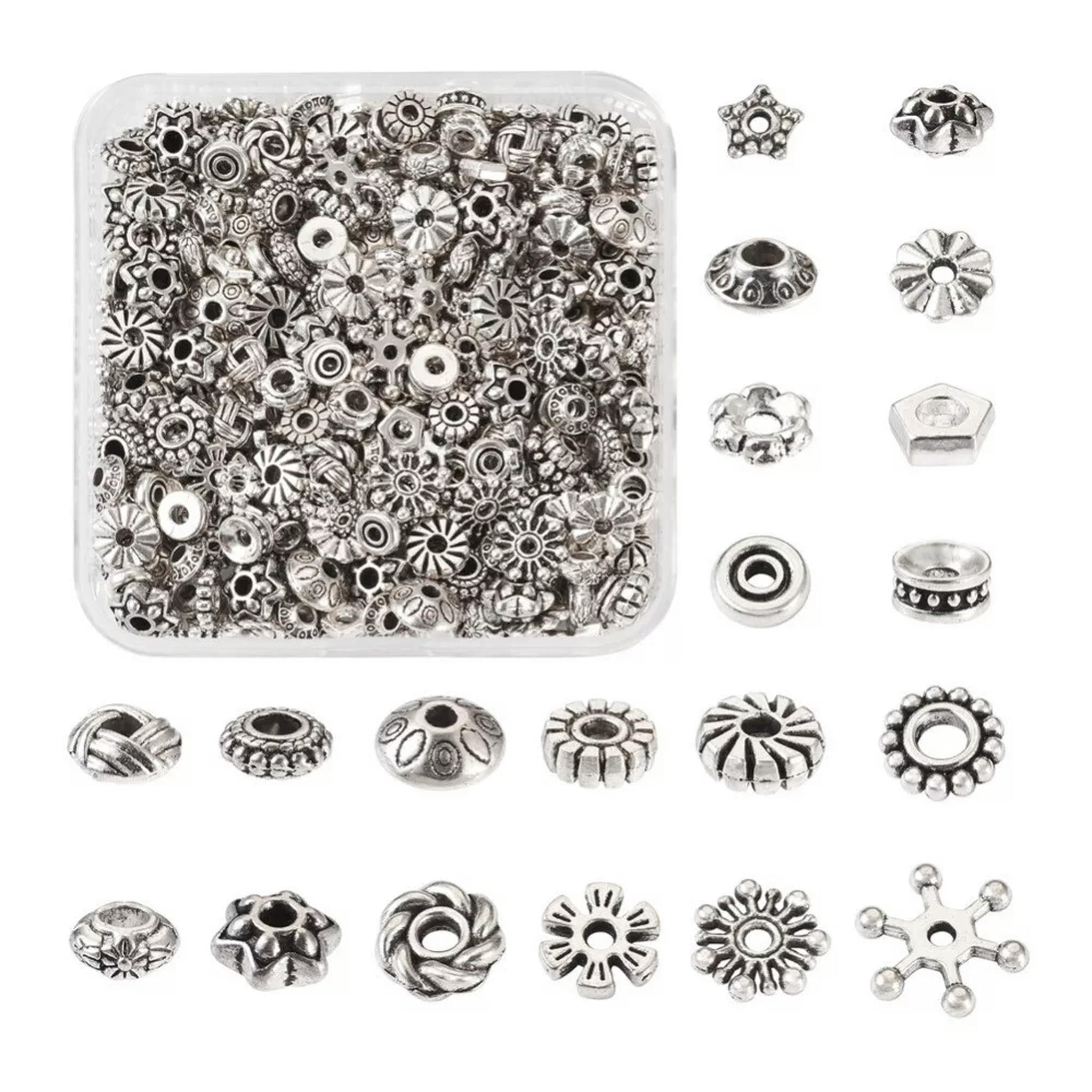 EOEMY 400Pc/Box Antique Silver Tibetan Style Alloy Flower Flat Round Star Spacer Beads