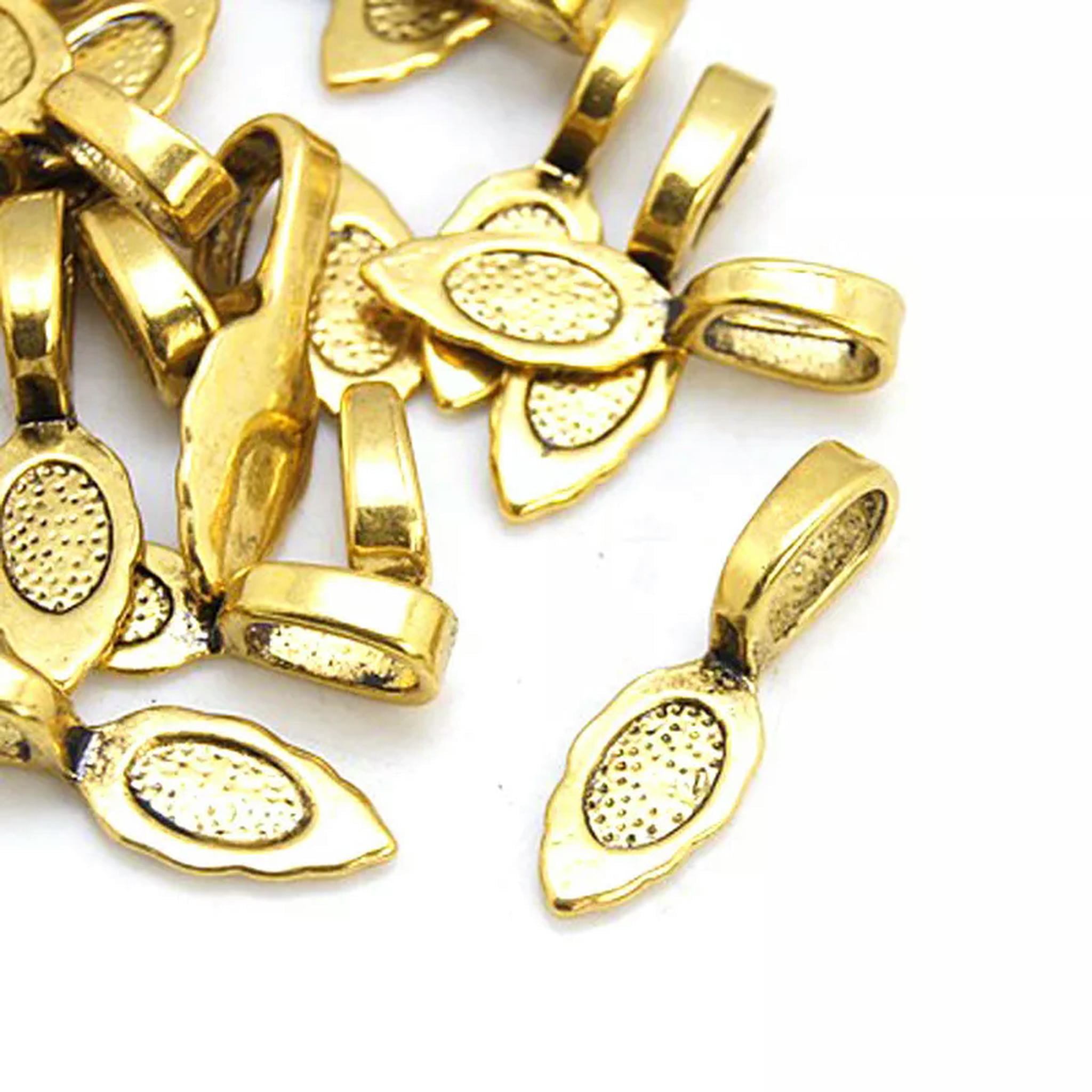 EOEMY 400Pcs Tibetan Alloy Glue-On Bails Flat Leaf Antique Gold Nickel Free Craft 26mm