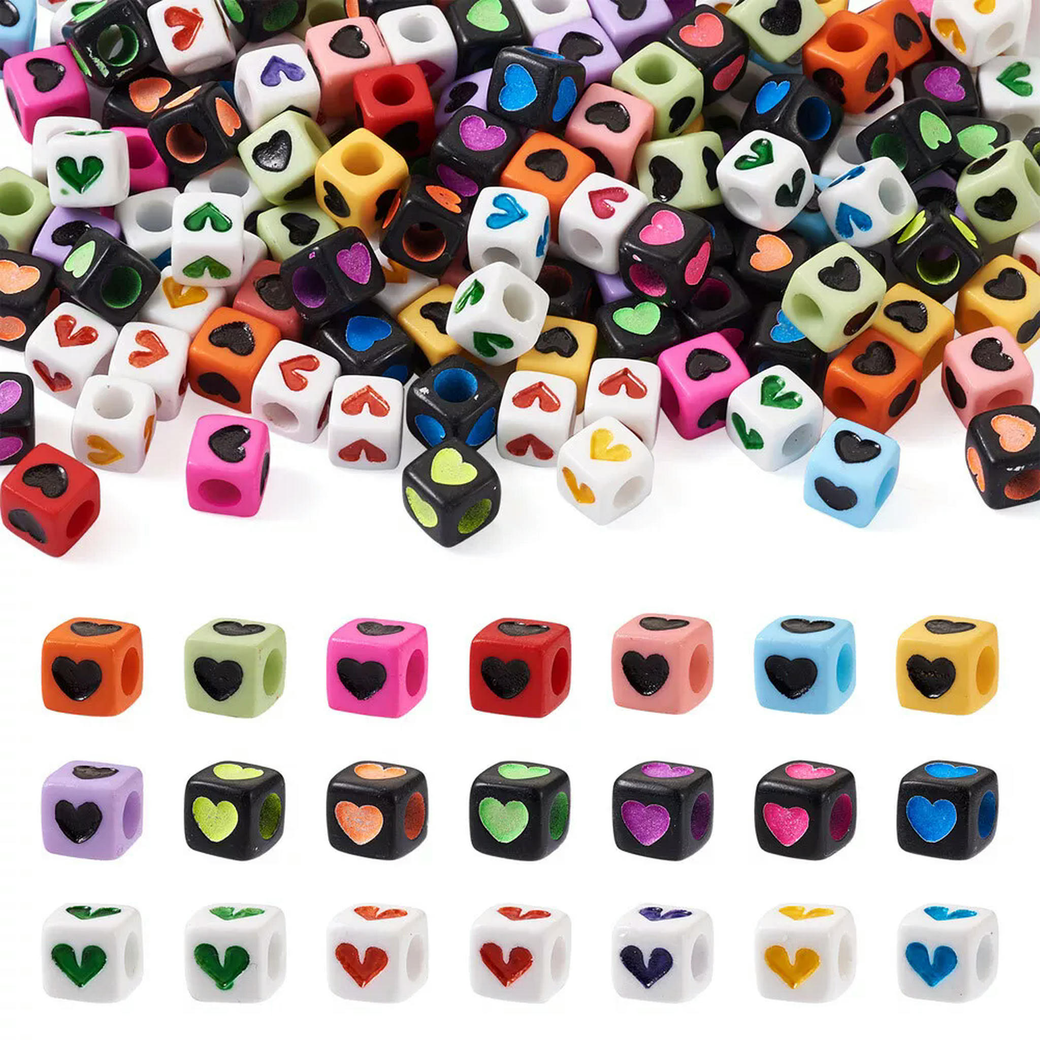 EOEMY 450Pc 7mm Cube With Heart Opaque Acrylic Large Hole Beads Pony Loose Spacer Bead