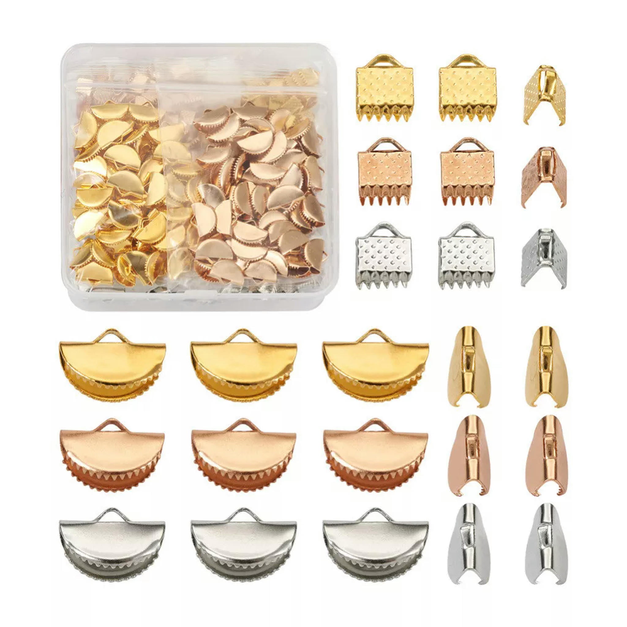EOEMY 450Pcs Iron Ribbon Crimp Ends Folding Crimp Ends Fasteners Clasp Jewelry 6~13mm