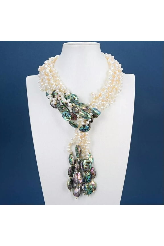 49'' 3 Strands Natural White Pearl Green Abalone Shell Necklace Handmade Gifts
