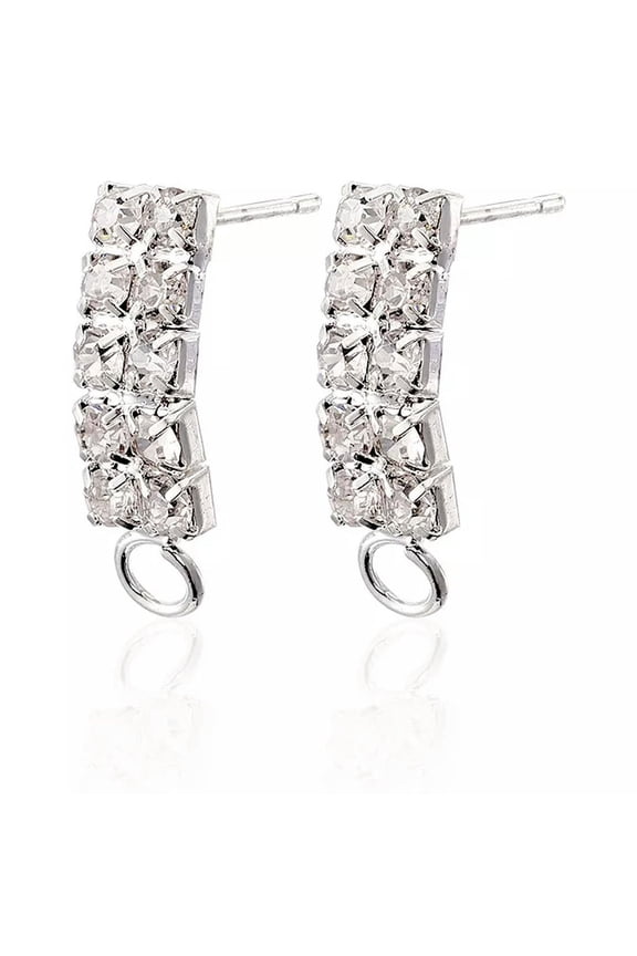 4Pcs Brass Pave Crystal Rhinestone Earring Posts Rectangle Loop Ring Silver 19mm