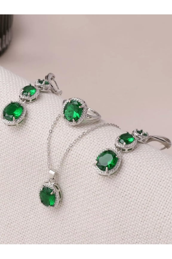 4Pcs Green Rhinestone Decor Jewelry Set Pendant Necklace Earrings And Ring-Default