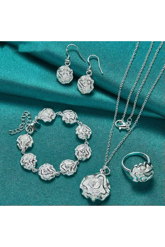 4Pcs Hot 925 Sterling Silver Rose Flower Necklace Bracelet Earring Ring Set-9-45Cm