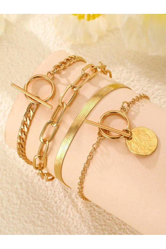 4Pcs Minimalist Disc Charm Ot Buckle Chain Bracelet Set For Women For Daily-Default