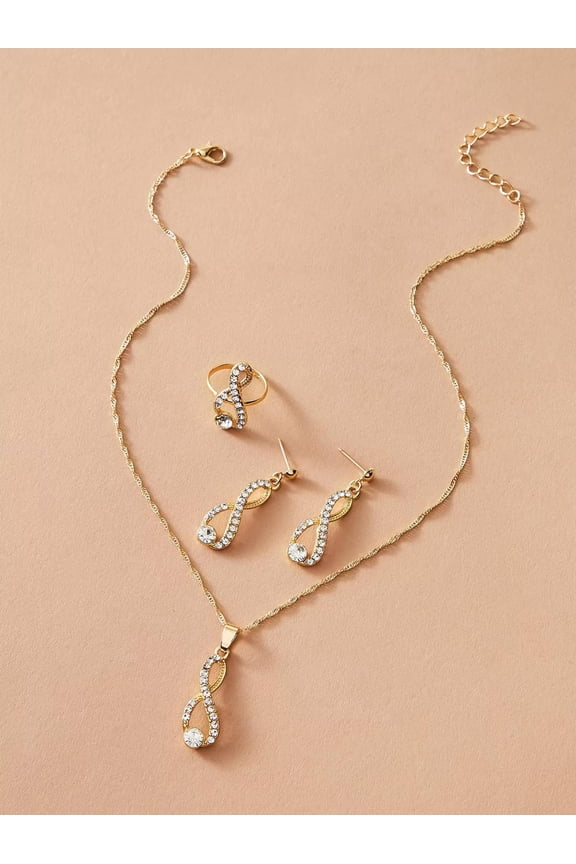 4Pcs Rhinestone Decor Jewelry Set Earrings Necklace And Ring Jewelry Set Jewelry-Default