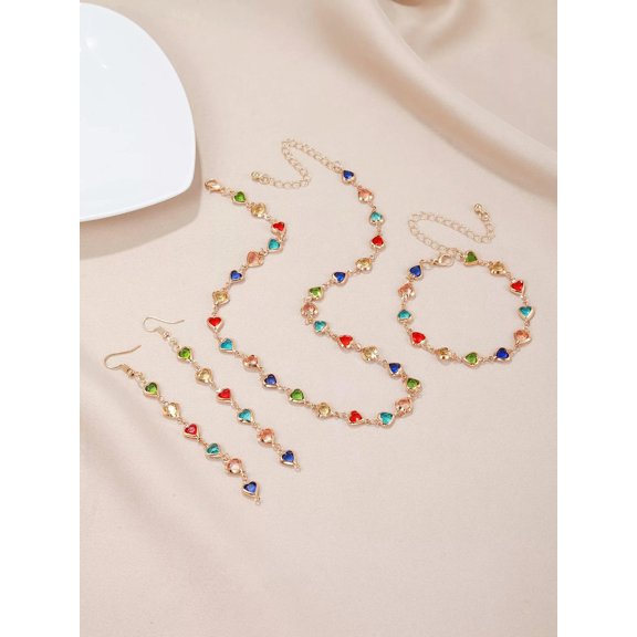 EOEMY 4Pcs/Set Glamorous Colorful Rhinestone Heart Decor Jewelry Set For Women For-Default