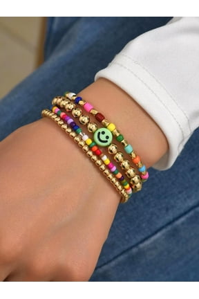 4Pcs Set Smile Expression Pattern Beaded Bracelet For Women Crafted Jewelry-Default