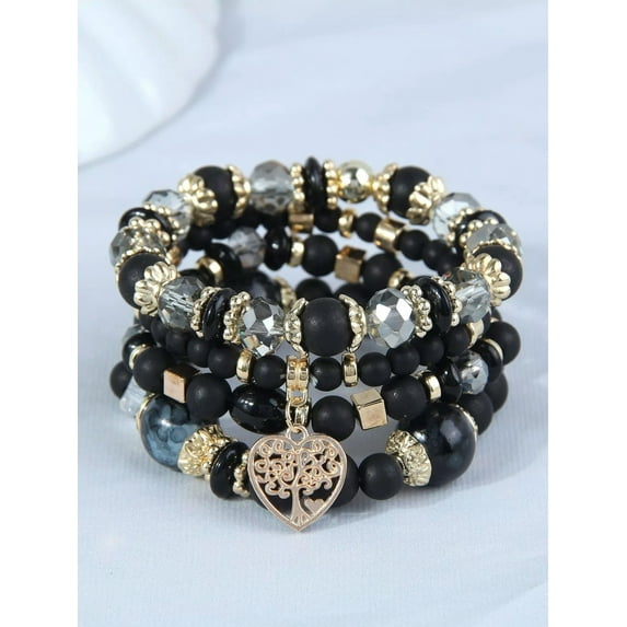 EOEMY 4Pcs/Set Tree Detail Heart Charm Black Color Beaded Bracelet Women Bracelet-Default