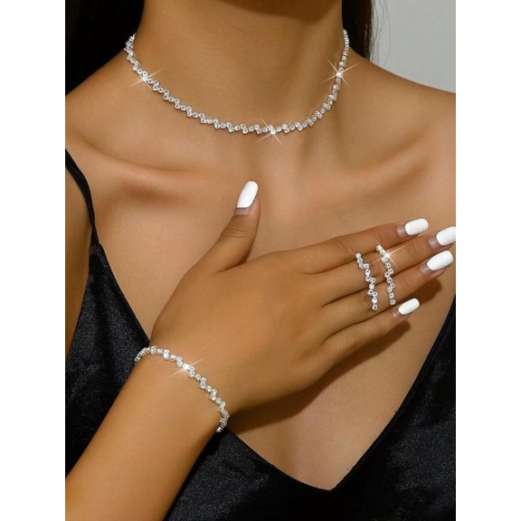EOEMY 4Pcs/Set Wedding Shiny Claw Chain, Zirconia Necklace, Earrings, Bracelet Set-Default