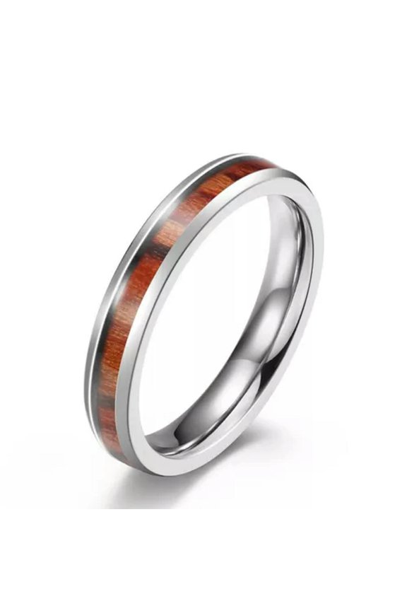 4mm/6mm/8mm Silver Band Men Women 316L Stainless Steel Wood Inlay Ring Size 6-12