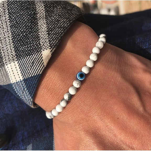 EOEMY 4mm Bracelets Natural Stone Evil Eye Braslet Obsidian Hematite Elastic Bangle-White Turquoise