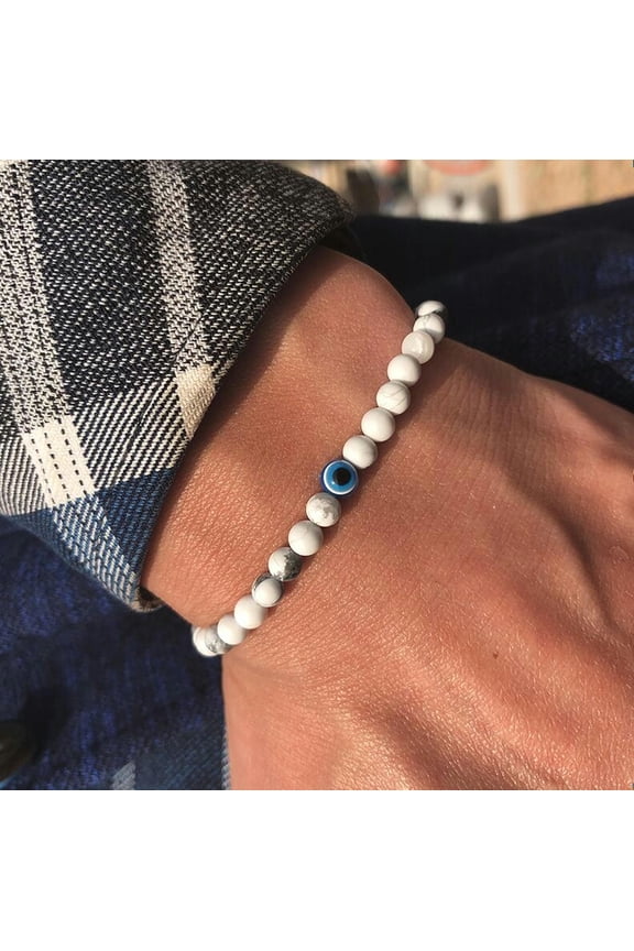 4mm Bracelets Natural Stone Evil Eye Braslet Obsidian Hematite Elastic Bangle-White Turquoise