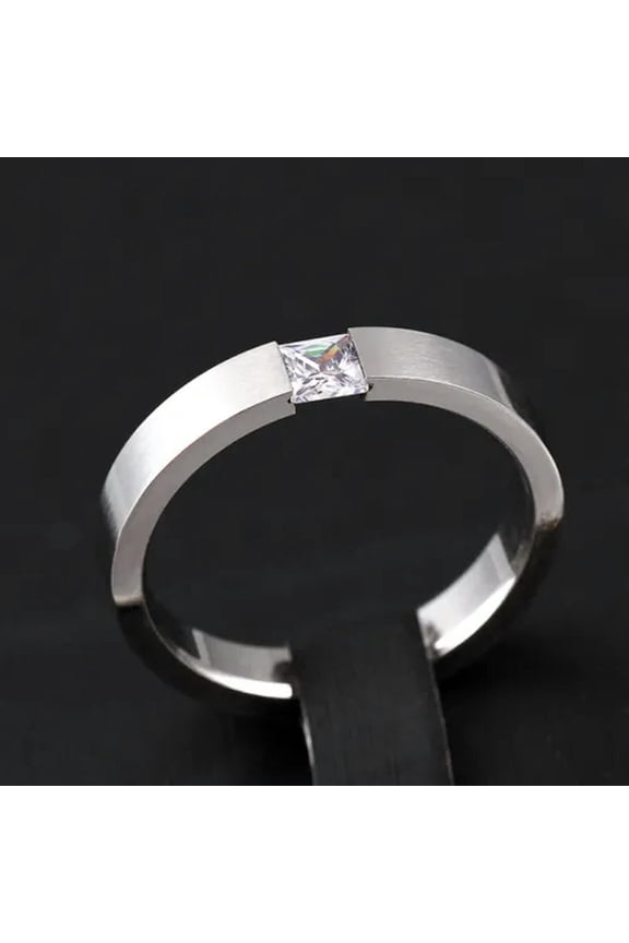 4mm Square Cut Aaa Cz Band Women'S Stainless Steel Silver Brushed Ring Size 5-11