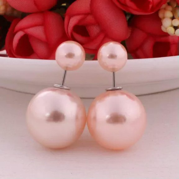 EOEMY 5 Pair Fashion Pearl Double Side Two Ball Front And Back Post Earrings Ear Stud-F: Peach Pink