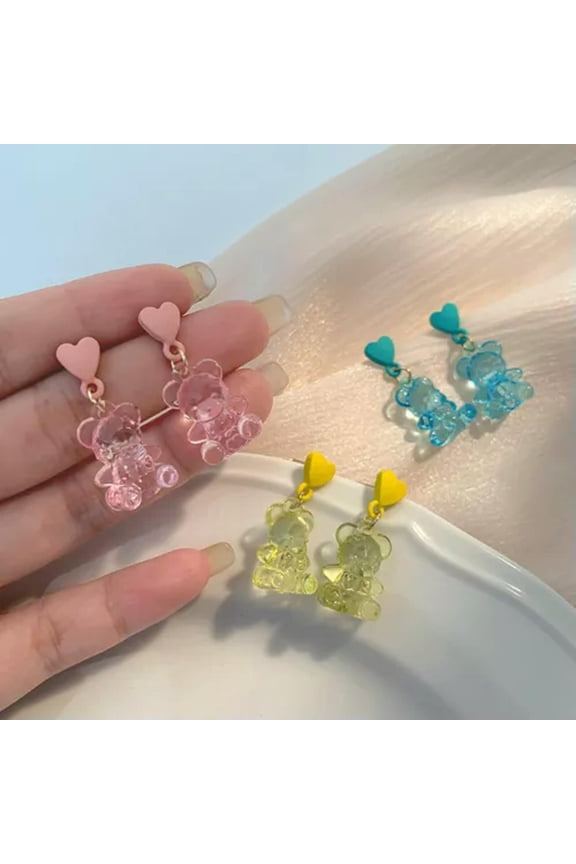 5 Pair Transparent Color 3D Bear Dangle Earring With Heart Ear Stud Sweet Cute-Multicolor