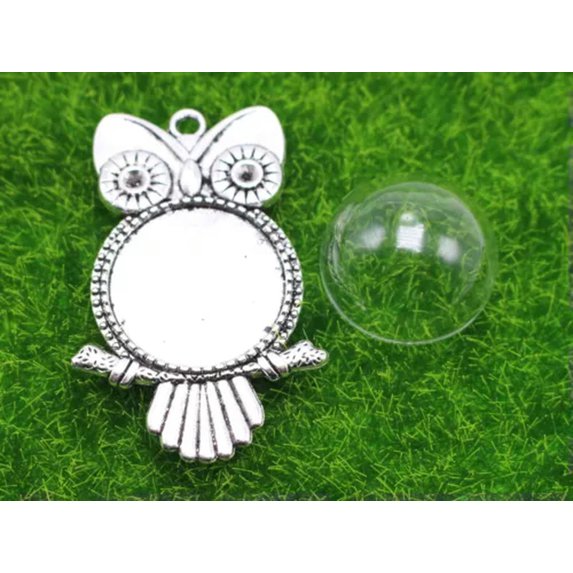 EOEMY 5 Pcs Bronze Silver Owl Pendant With Glass Terrarium 1/2 Bottle 20mm-Silver