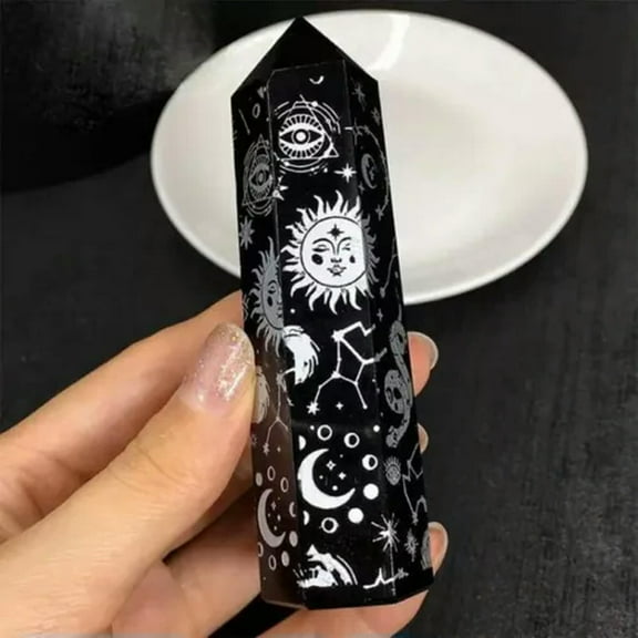 EOEMY 50-100mm Natural Obsidian Pillar Quartz Silver Star Moon Crystal Stone Obelisk-About 5-6Cm