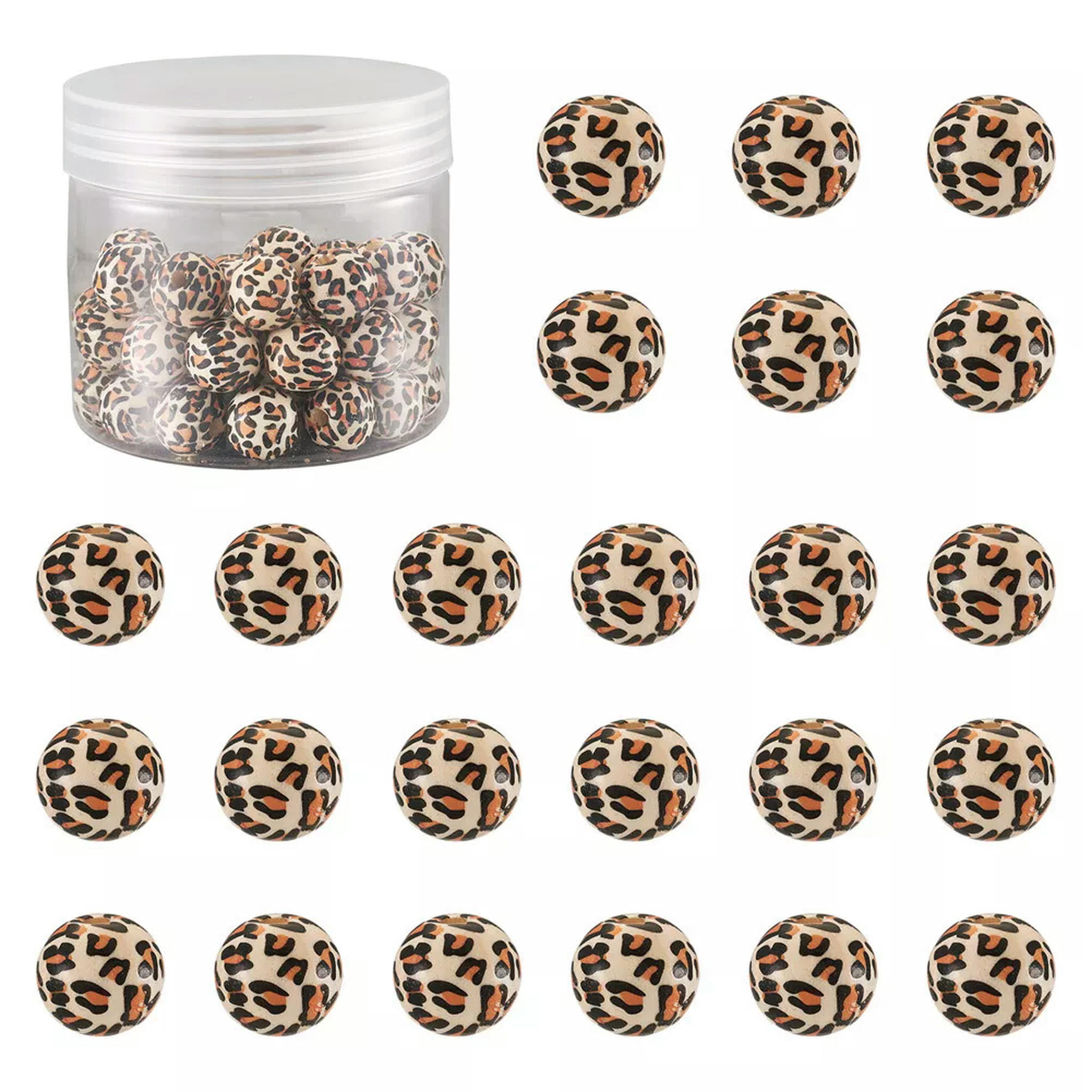 EOEMY 50Pc 13mm Round With Leopard Printed Natural Wooden Beads Peru Ball Loose Spacer