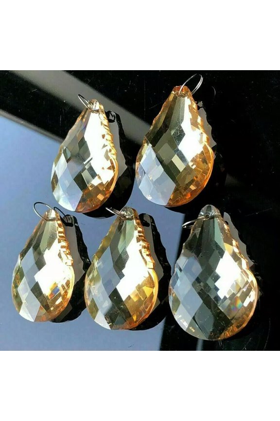5Pc Champagne Maple Leaf Cut Crystal Prism Feng Shui Faceted Chandelier Pendant