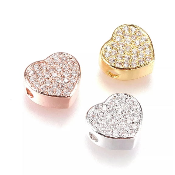 EOEMY 5Pcs Brass Micro Pave Cubic Zirconia Heart Beads Clear Mini Loose Spacer 9X9.5mm