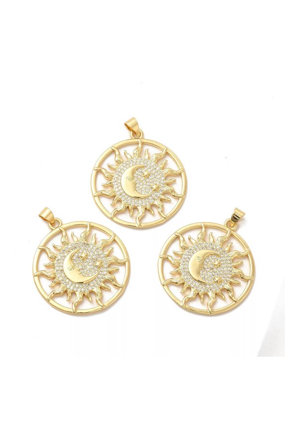 5Pcs Flat Round Sun Brass Micro Pave Cubic Zirconia Pendants Jewelry Making 33mm