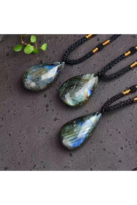 5Pcs Natural Labradorite Water Drop Pendant Quartz Crystal Necklace Healing Rock
