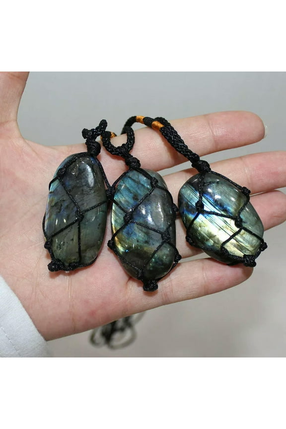 5Pcs Natural Labradorite Wrap Tumble Rock Pendant Chakra Quartz Crystal Necklace