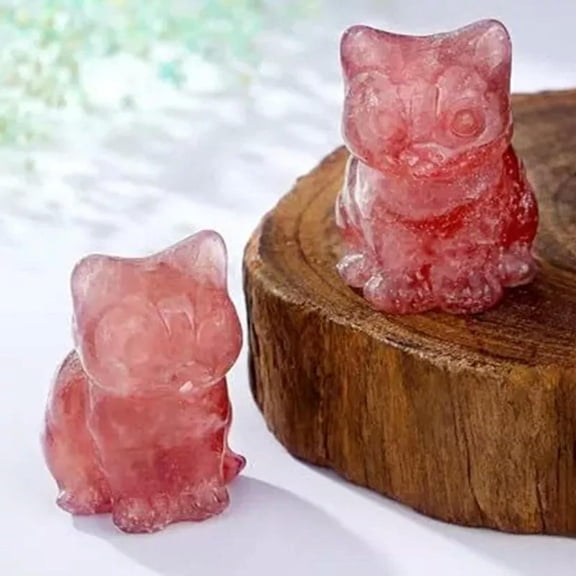 EOEMY 5Pcs Natural Strawberry Quartz Crystal Lucky Cat Stone Carved Mini Reiki Statue