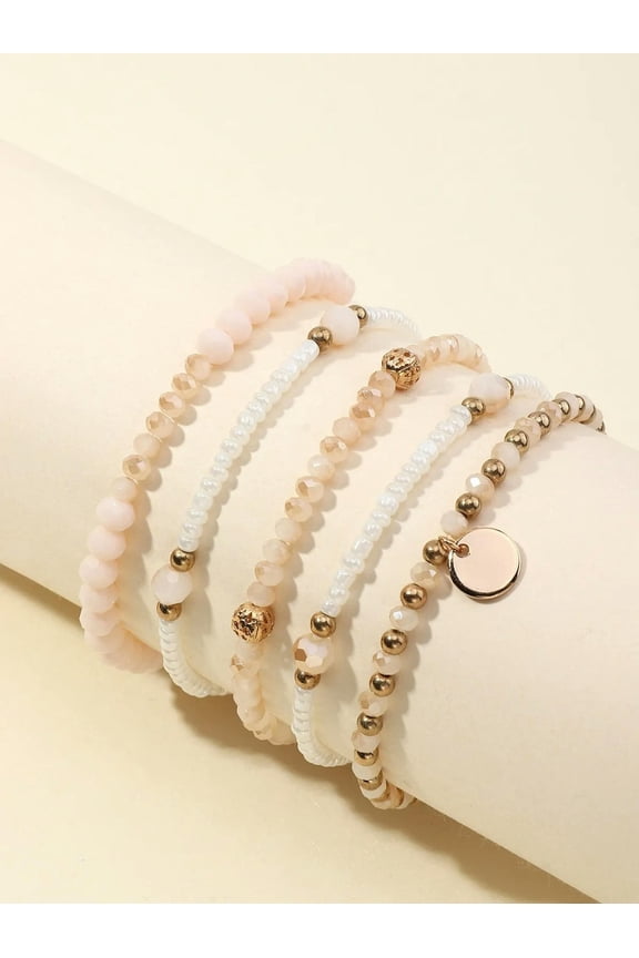 5Pcs Round Charm White Ivory Beaded Bracelet Stackable Stretch Bracelets-Default