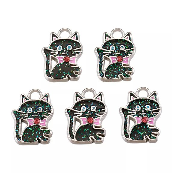 EOEMY 5X Black Enamel Cat Charms Alloy Pendants With Rhinestone Jewelry Making 19X14mm