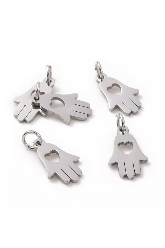 5X Stainless Steel Hamsa Hand Hand Of Miriam With Heart Pendants Charms 15X9.5mm