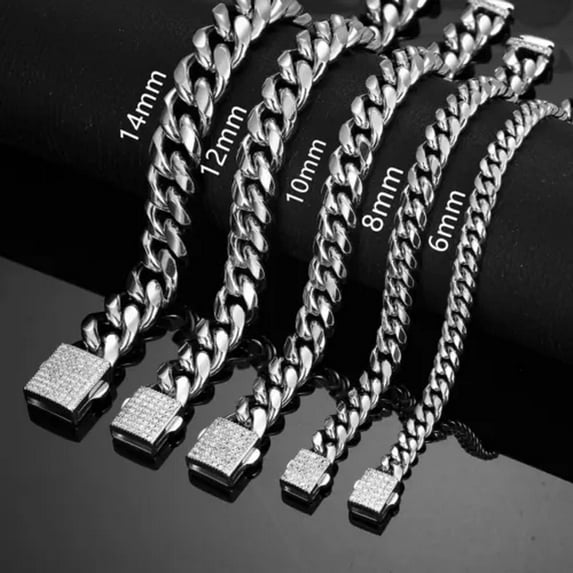 EOEMY 6-14mm Men Women Gold Tone Solid Stainless Steel Miami Curb Link Chain Bracelet-Silver-10mm-8Inch Or 20.5Cm