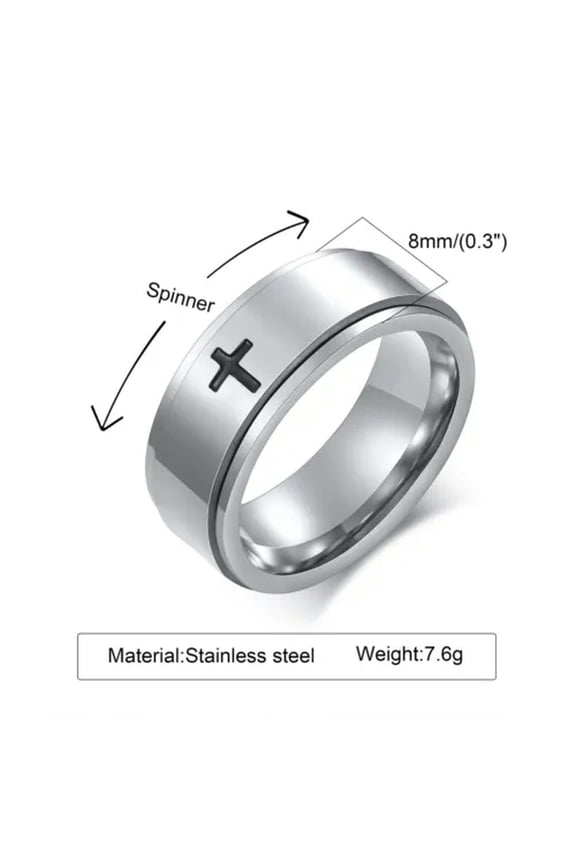 6/8mm Silver/Black/Gold Cross Spinner Band Male'S Stainless Steel Religious Ring