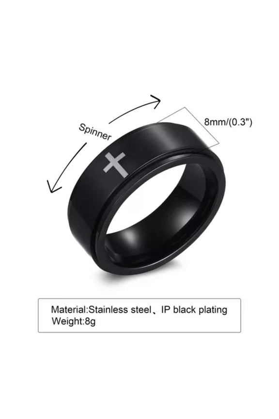 6/8mm Silver/Black/Gold Cross Spinner Band Male'S Stainless Steel Religious Ring