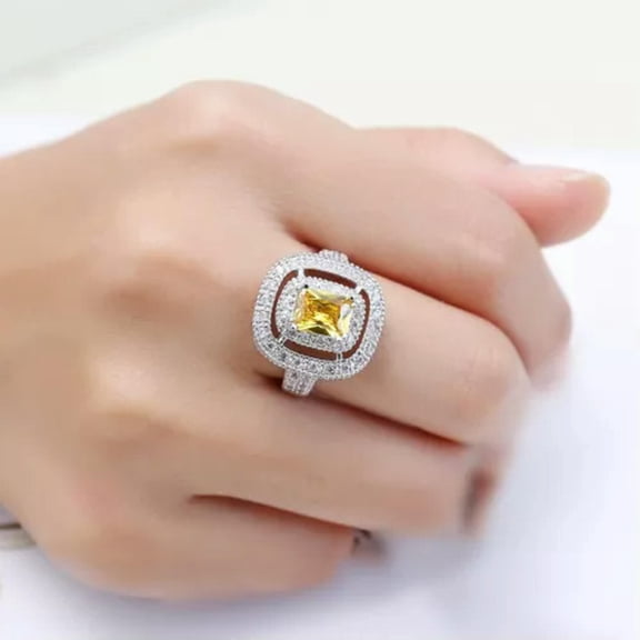 EOEMY 6*8mm Yellow Topaz Princess Cut Cz Band Women'S 925 Silver Hollow Ring Size 6-10